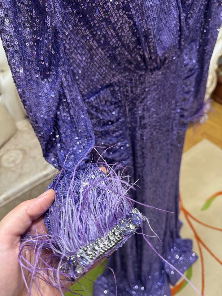 Mor Uzun Kollu Drapeli Abiye Elbise - Görsel 3