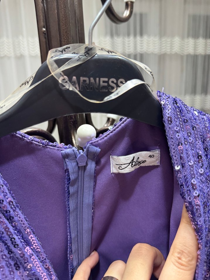 Mor Uzun Kollu Drapeli Abiye Elbise - Görsel 5