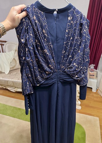 Lacivert Drapeli Uzun Kollu Abiye Elbise - Görsel 5