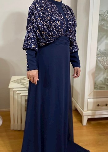 Lacivert Drapeli Uzun Kollu Abiye Elbise - Görsel 10