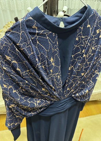 Lacivert Drapeli Uzun Kollu Abiye Elbise - Görsel 3