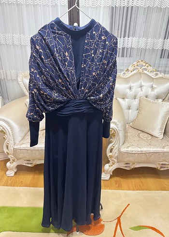 Lacivert Drapeli Uzun Kollu Abiye Elbise - Görsel 2