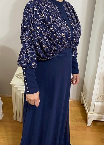 Lacivert Drapeli Uzun Kollu Abiye Elbise - Görsel 11