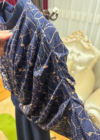 Lacivert Drapeli Uzun Kollu Abiye Elbise - Görsel 8