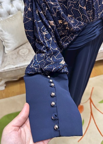 Lacivert Drapeli Uzun Kollu Abiye Elbise - Görsel 4