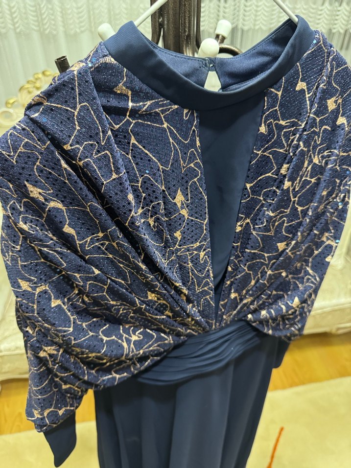 Lacivert Drapeli Uzun Kollu Abiye Elbise - Görsel 3