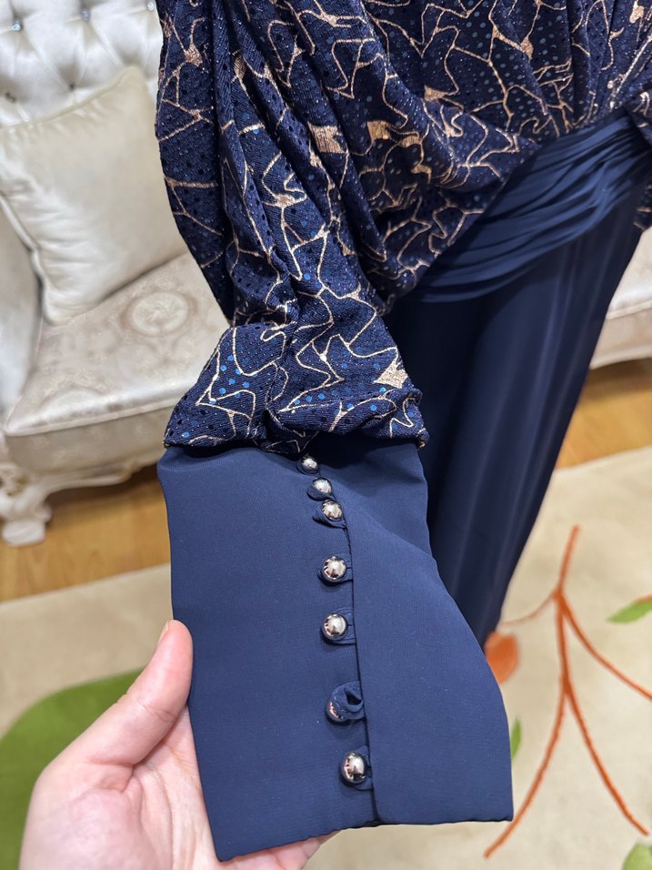 Lacivert Drapeli Uzun Kollu Abiye Elbise - Görsel 4