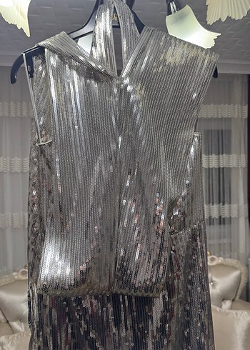 Parlak Gri Pilili Uzun Abiye Elbise - Görsel 6