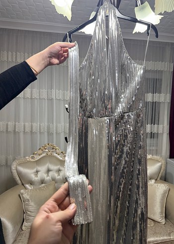 Parlak Gri Pilili Uzun Abiye Elbise - Görsel 9