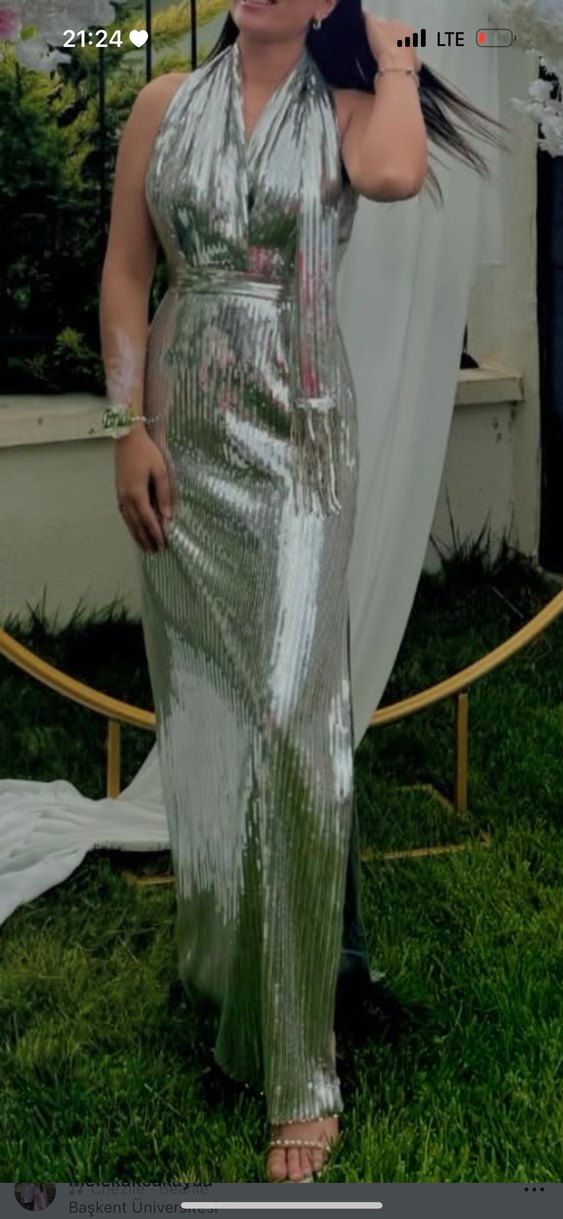 Parlak Gri Pilili Uzun Abiye Elbise - Görsel 2