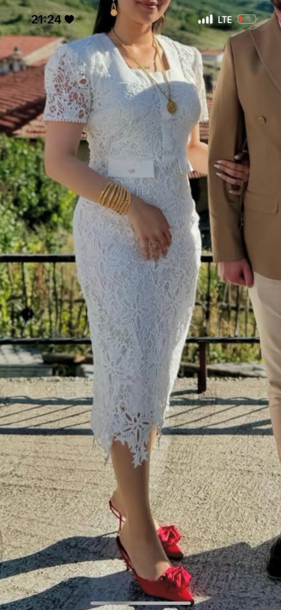 Dantel İşlemeli Beyaz Midi Elbise - Görsel 2