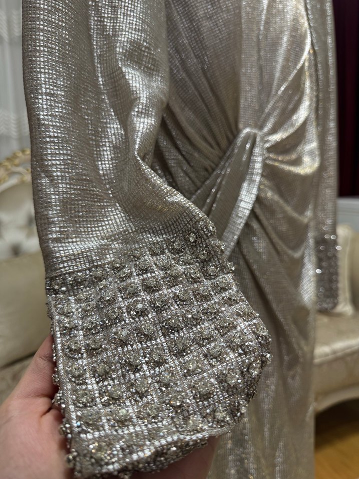 Uzun Kollu Drapeli Abiye Elbise - Görsel 3