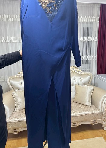 Mavi V Yakalı Uzun Kollu Abiye elbise - Görsel 6