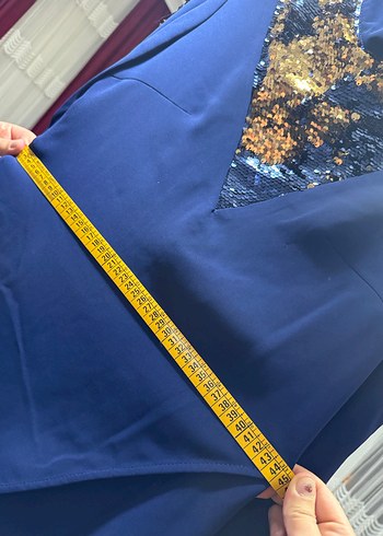 Mavi V Yakalı Uzun Kollu Abiye elbise - Görsel 9