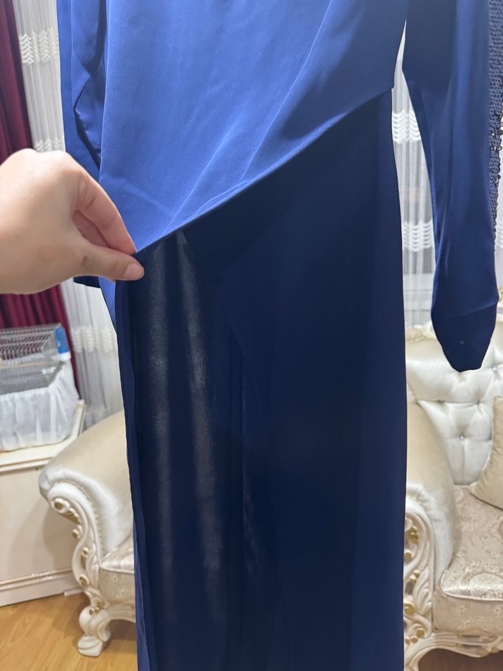 Mavi V Yakalı Uzun Kollu Abiye elbise - Görsel 2