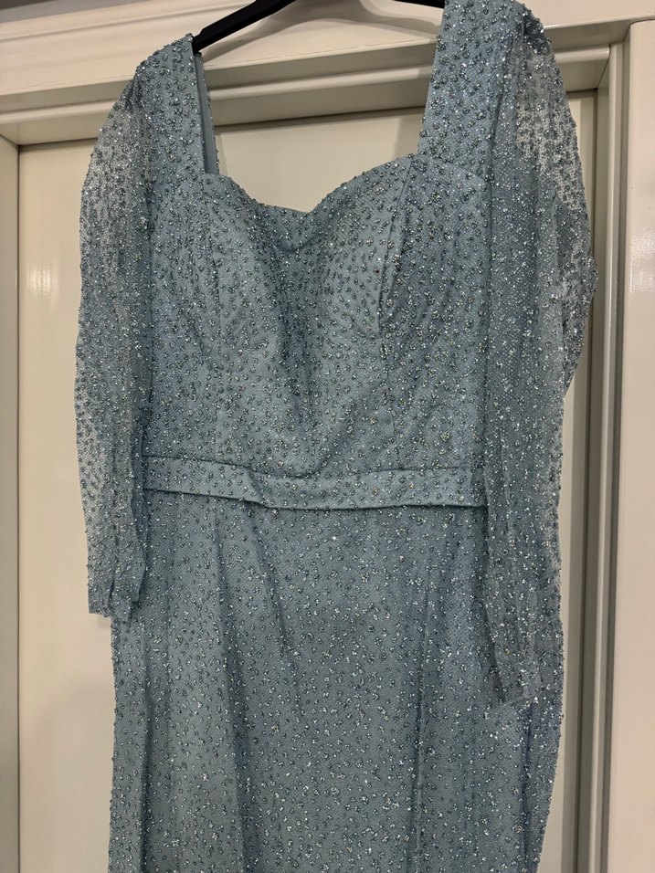 Uzun Mavi Drapeli Kadın Abiye Elbise - Görsel 2