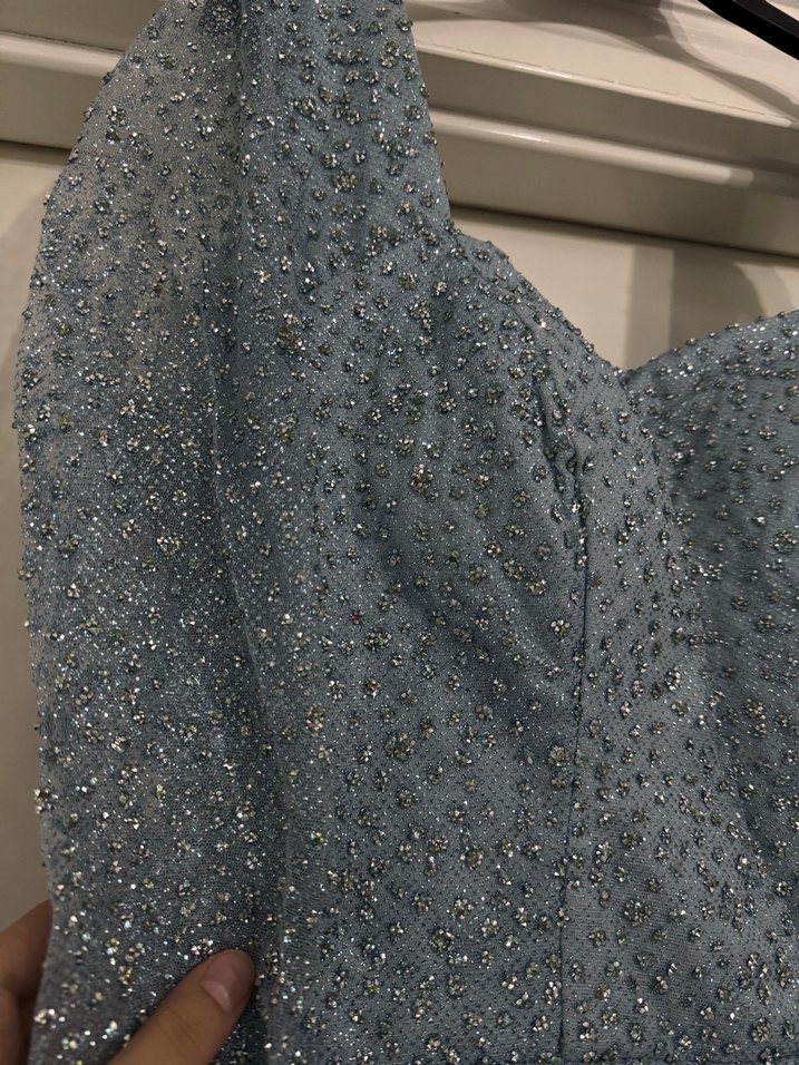 Uzun Mavi Drapeli Kadın Abiye Elbise - Görsel 3