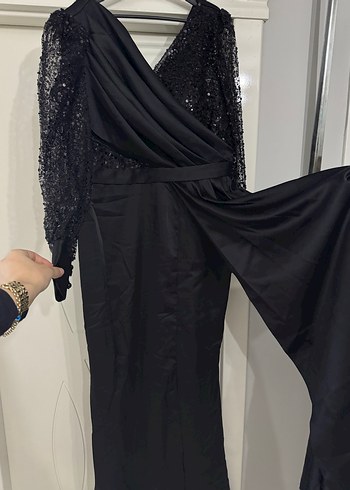 Kadın Siyah Uzun Drapeli Abiye Elbise - Görsel 7