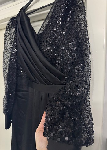 Kadın Siyah Uzun Drapeli Abiye Elbise - Görsel 5