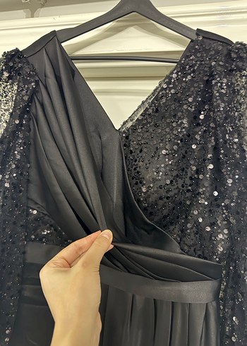 Kadın Siyah Uzun Drapeli Abiye Elbise - Görsel 3