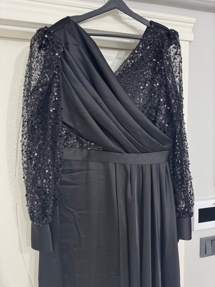 Kadın Siyah Uzun Drapeli Abiye Elbise - Görsel 2