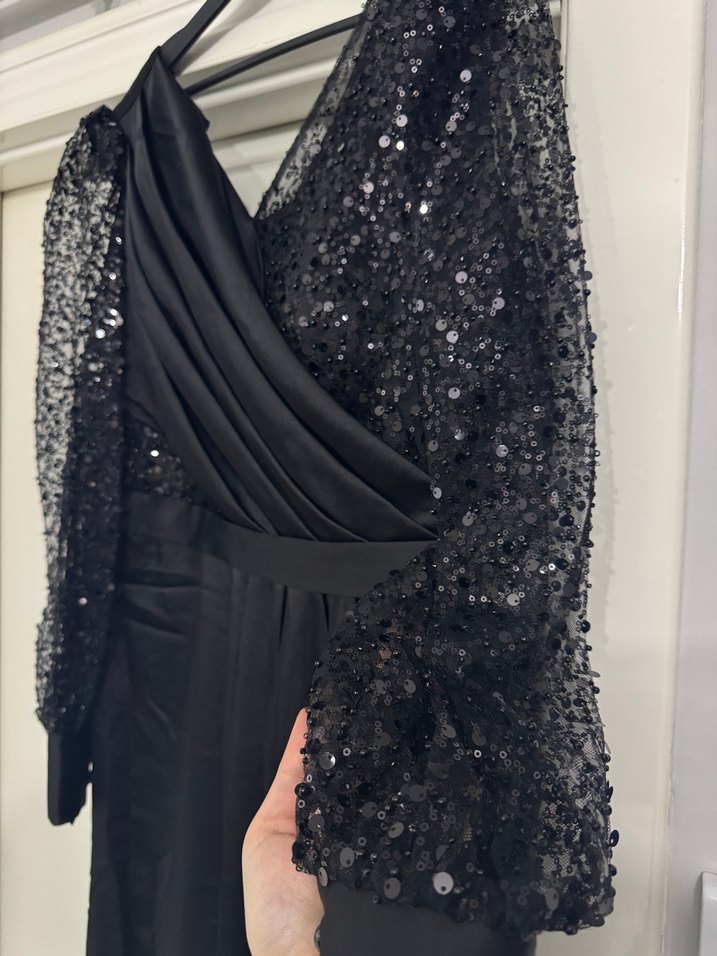 Kadın Siyah Uzun Drapeli Abiye Elbise - Görsel 5