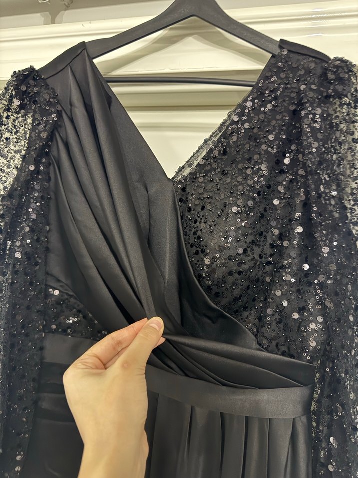 Kadın Siyah Uzun Drapeli Abiye Elbise - Görsel 3