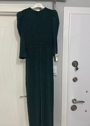 Uzun Kollu Koyu Yeşil Drapeli Kadın Elbise - Görsel 4