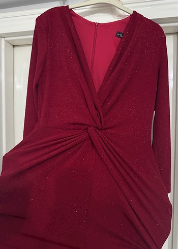 Bordo Uzun Kollu Drapeli Kadın Abiye Elbise - Görsel 2