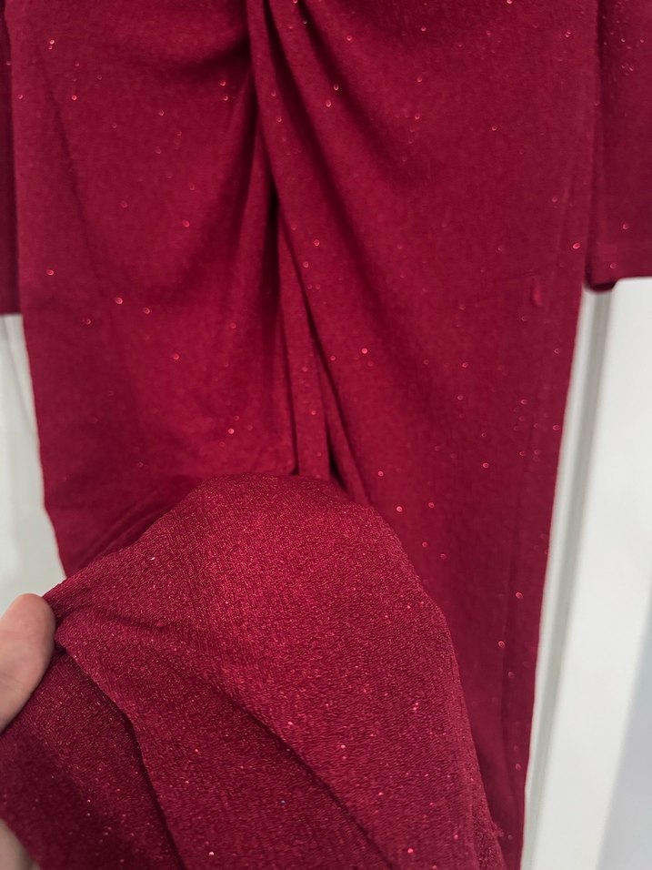 Bordo Uzun Kollu Drapeli Kadın Abiye Elbise - Görsel 3