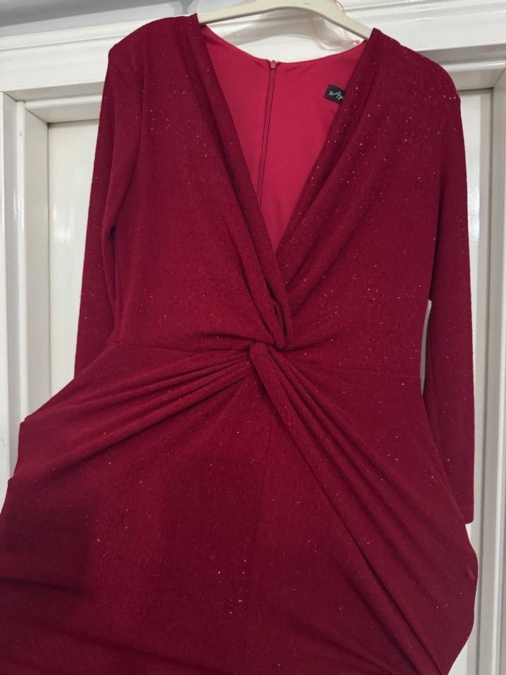 Bordo Uzun Kollu Drapeli Kadın Abiye Elbise - Görsel 2