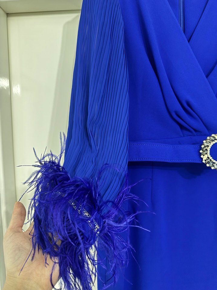 Püsküllü Mavi Uzun Abiye Elbise - Görsel 3