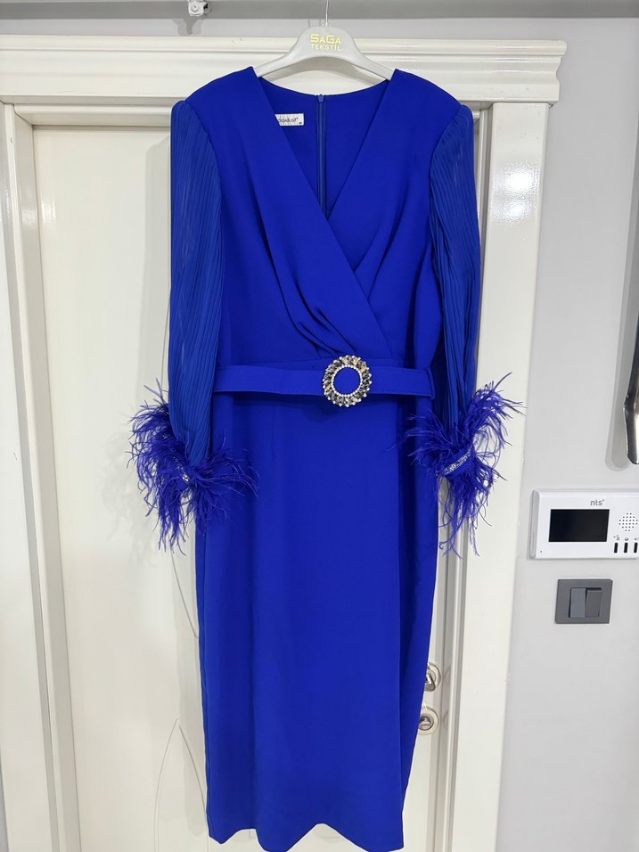 Püsküllü Mavi Uzun Abiye Elbise - Görsel 2