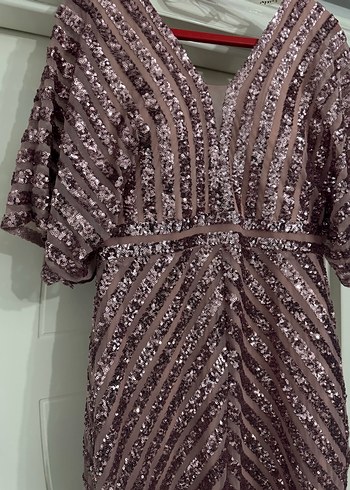 Bordo Parlak V Yaka Uzun Kadın Abiye Elbise - Görsel 3