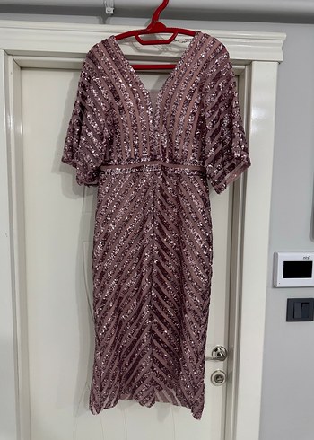 Bordo Parlak V Yaka Uzun Kadın Abiye Elbise - Görsel 2