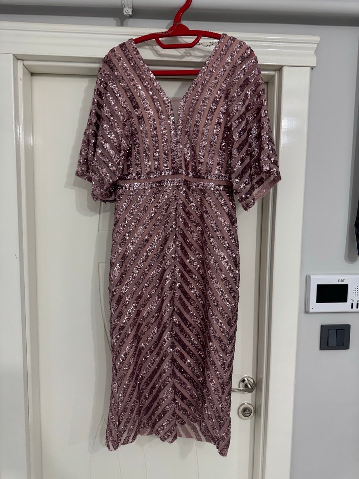 Bordo Parlak V Yaka Uzun Kadın Abiye Elbise - Görsel 2