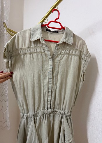 Bej Kısa Kollu Keten Tulum - Görsel 3