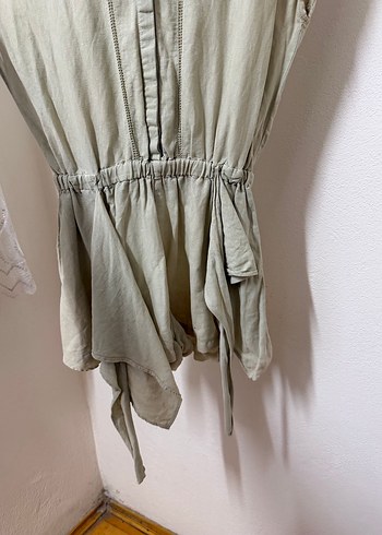 Bej Kısa Kollu Keten Tulum - Görsel 2