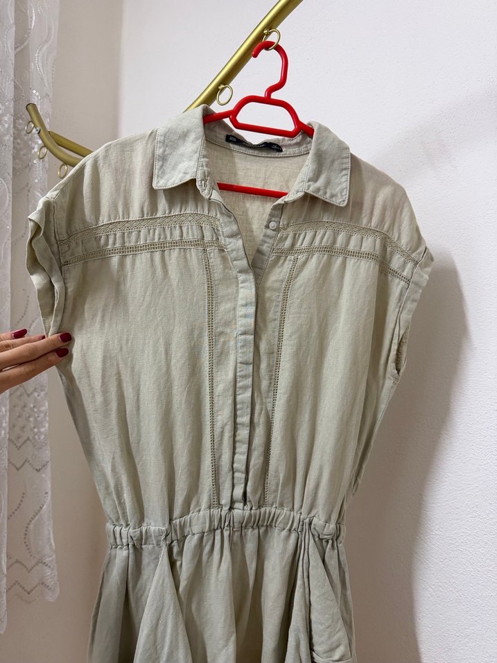 Bej Kısa Kollu Keten Tulum - Görsel 3