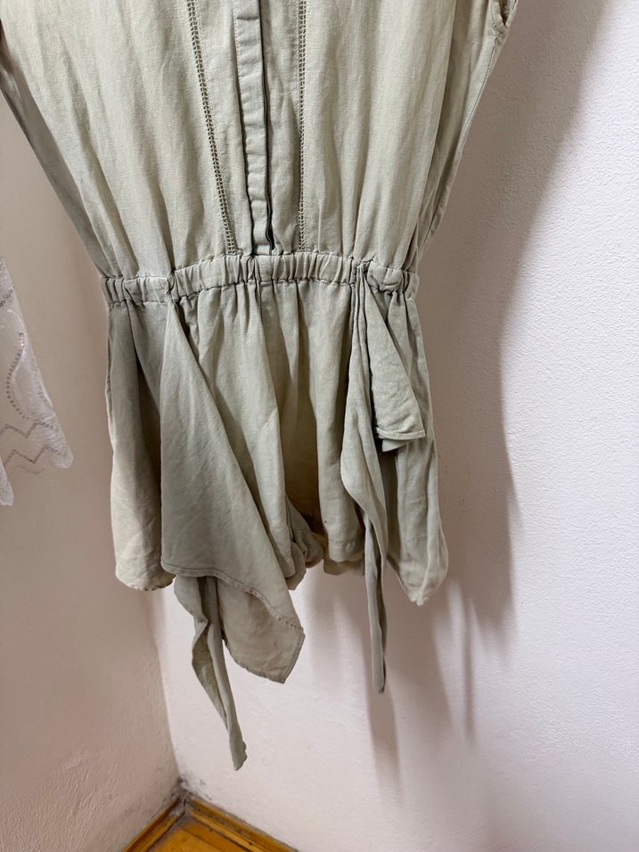 Bej Kısa Kollu Keten Tulum - Görsel 2