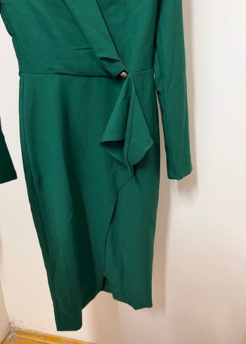 Uzun Kollu Koyu Yeşil Midi Kadın Elbise - Görsel 2