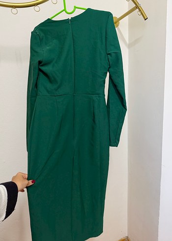 Uzun Kollu Koyu Yeşil Midi Kadın Elbise - Görsel 8