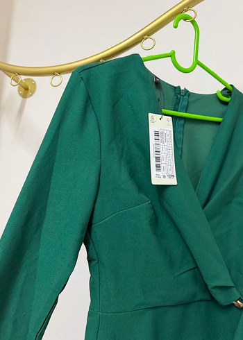 Uzun Kollu Koyu Yeşil Midi Kadın Elbise - Görsel 4