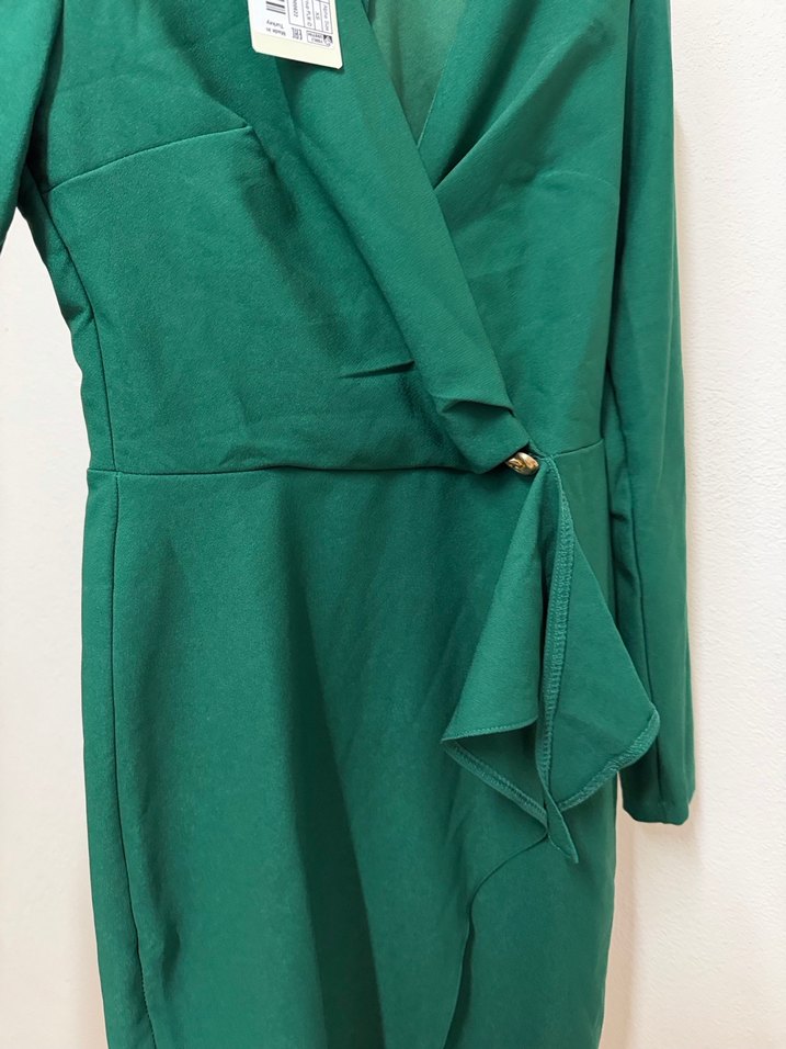 Uzun Kollu Koyu Yeşil Midi Kadın Elbise - Görsel 3