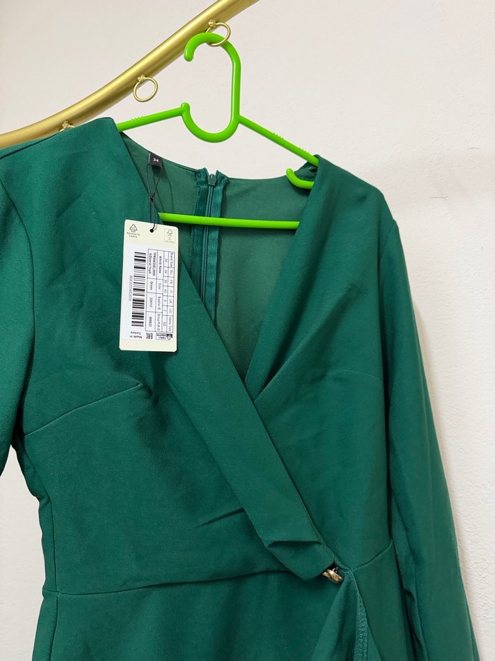 Uzun Kollu Koyu Yeşil Midi Kadın Elbise - Görsel 5