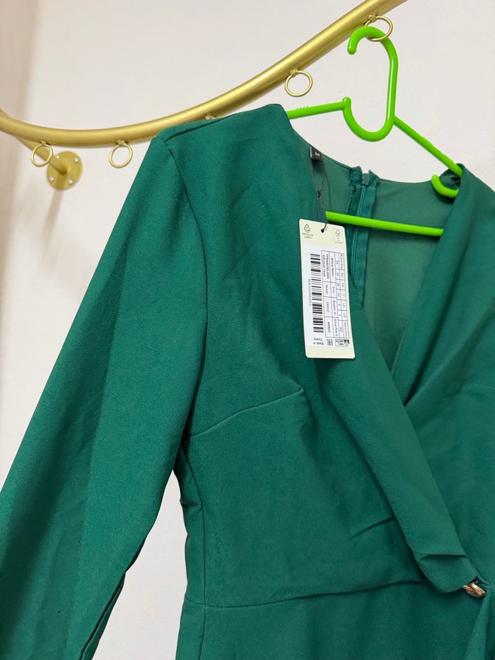 Uzun Kollu Koyu Yeşil Midi Kadın Elbise - Görsel 4