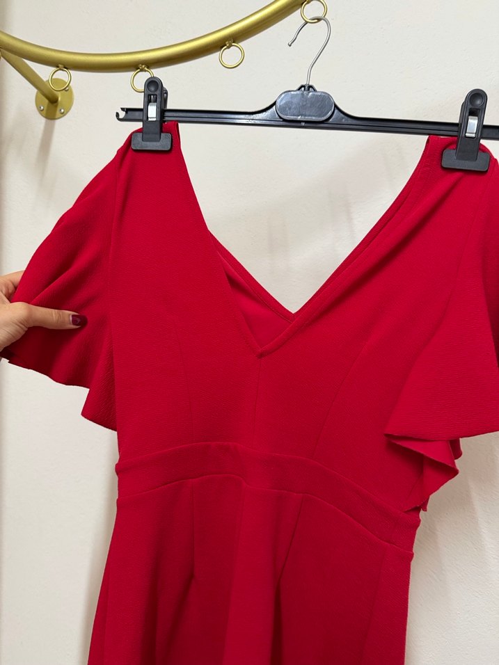 V Yaka Kırmızı Mini Tulum - Görsel 4