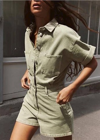 Düğmeli Kısa Denim Tulum - Görsel 2