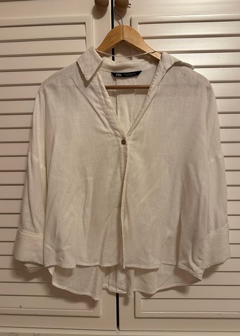 Düğmeli Beyaz Keten Kadın Gömlek - Görsel 2