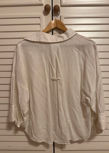 Düğmeli Beyaz Keten Kadın Gömlek - Görsel 3